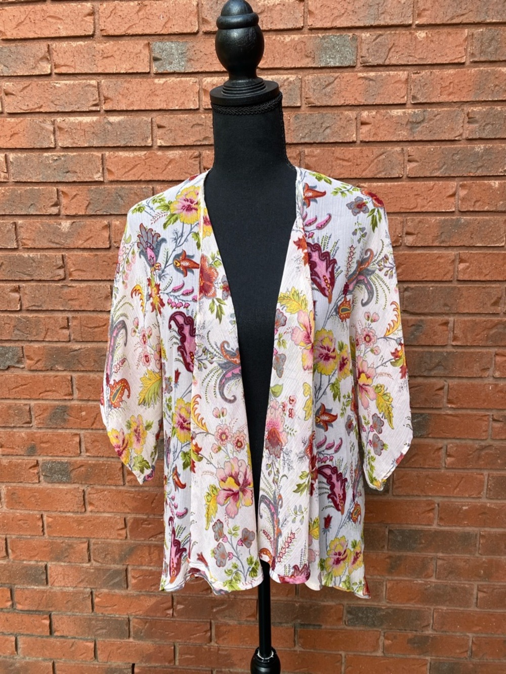 Lightweight Floral Open Front Kimono - White with Pink, Yellow & Green S/M